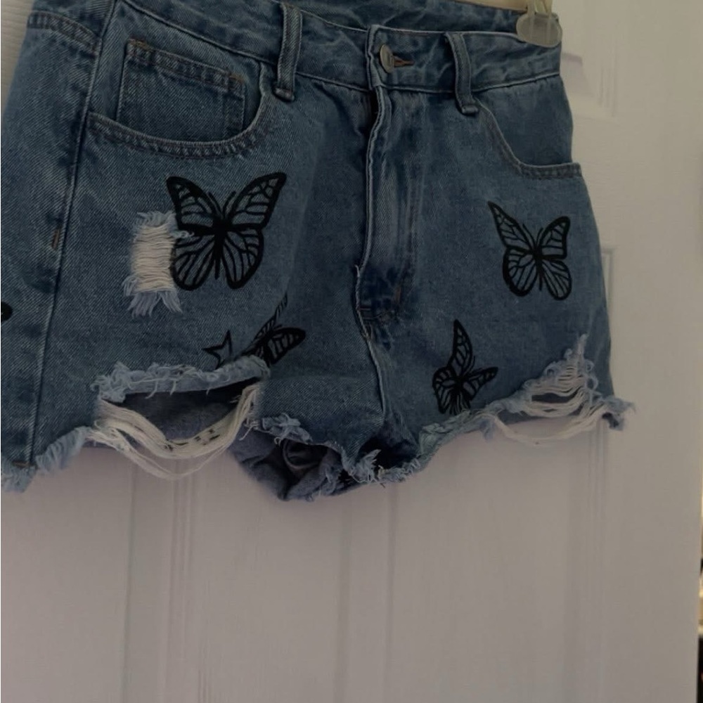 SHEIN Blue Jean Shorts with Black Butterfly Design